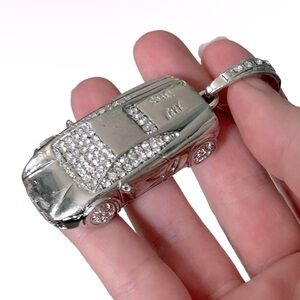 Rhinestone Silver Tone Large Sports Car Necklace Chain Pendant Bling Hip Hop Big